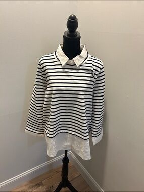 Ann Taylor Navy & White Striped Layered-Collar Sweater Top